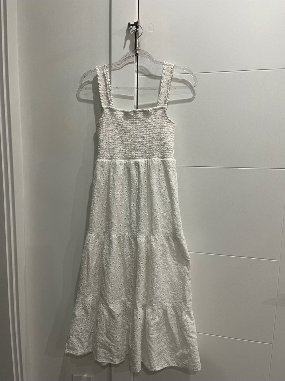 NWOT Smocked White Eyelet Maxi Dress with Wide Ruched Straps